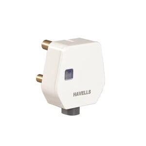 Havells Polycarbonate 16A 3 Pin Flat Plug Top with Indicator Constituting Heavy Brass Parts and Longer Durability,Elegent Design with Glossy Finish,Cord Grip Provided to Hold the Flexible Cable(White)