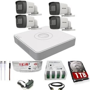 Mos HIKVISION 4 Channel DVR with 5 MP 4 Bullet Cameras with Audio Recording + 1 TB HDD + (3+1) Cable roll + 4 CH Power Supply + USEWELL BNC & DC Full Combo Kit