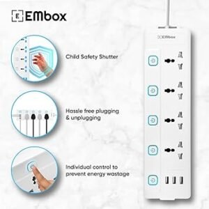 mos EMBOX 10A Extension Board with USB Port- 4 Universal Sockets and 3 USB (2.4 A) Charging Ports with Indicator, 2500W Heavy Duty Cable, 250 Volts (2 Meter Cable)
