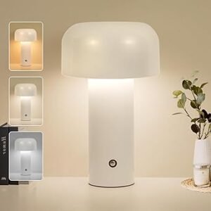 XERGY Plastic Cordless Cute Mushroom Table Lamp, 1200 Mah USB Rechargeable Battery, 3 Lighting Levels, Touch Control, Night LED Light For Bedroom, Office, Or Living Room, White
