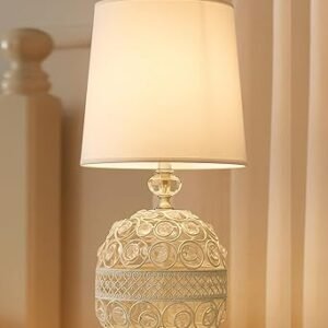 Modern Small Crystal Table Lamp,Contemporary Bedroom Bedside Nightstand Lamp,Morden Minimalist, Desk Globe Lamp for Living Room Girls Kids Room, White Fabric Shade (White)