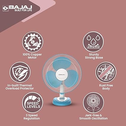 MOS Bajaj Frore Neo Table Fan 400 MM | Table Fans For Home & Office | Aerodynamically Balanced Blades | 100% Copper Motor | High Air Delivery | 3-Speed Control | 2-Yr Warranty 【Blue】 - Image 3